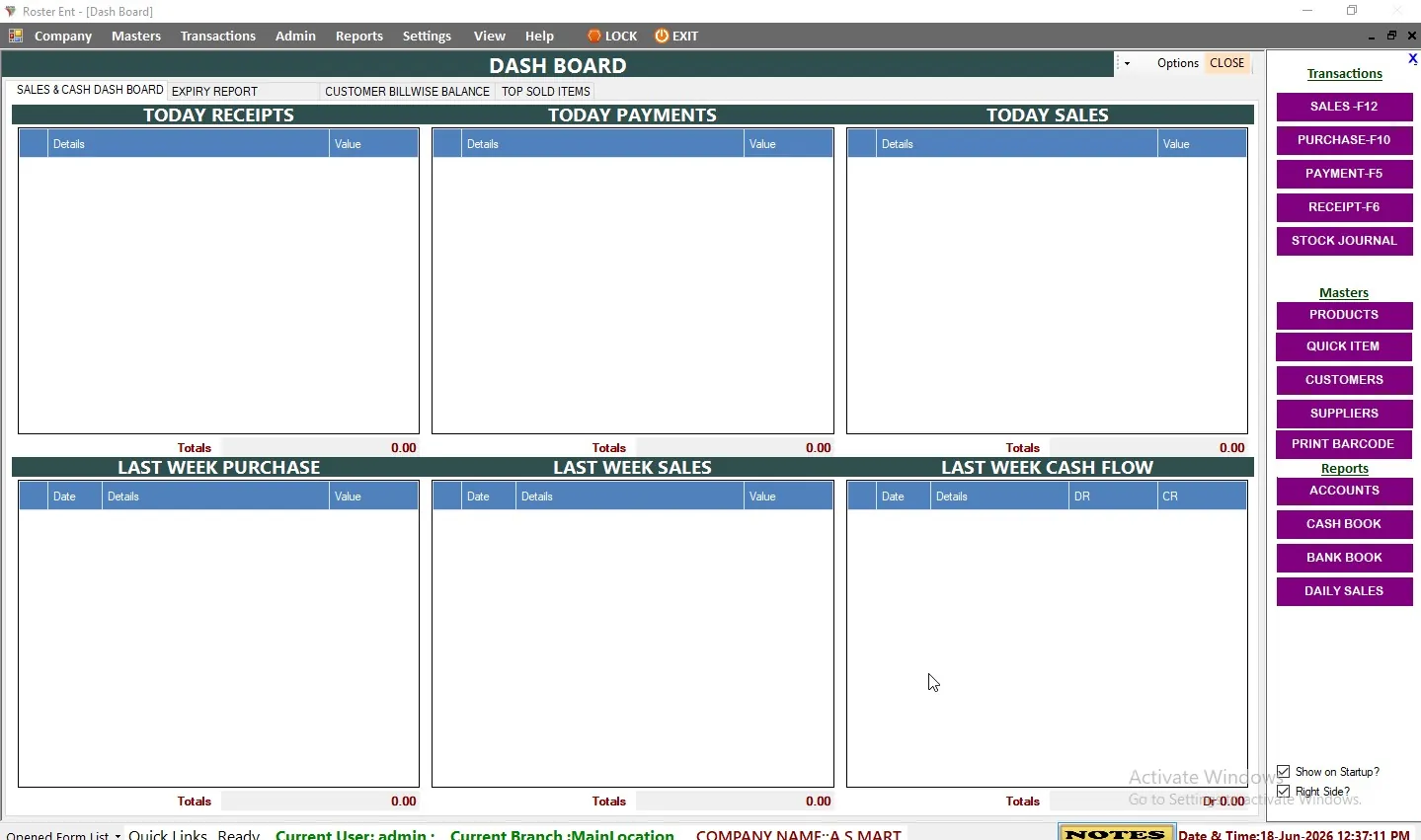 Roster desktop dashboard with receipts, payments and sales